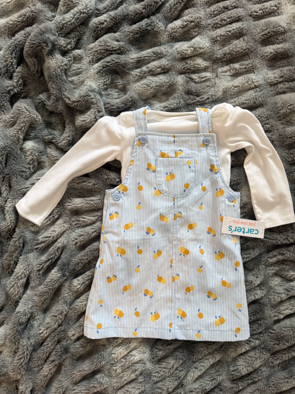 Carter's Blue Stripe Lemon Print Overall Dress with White Long Sleeve Top